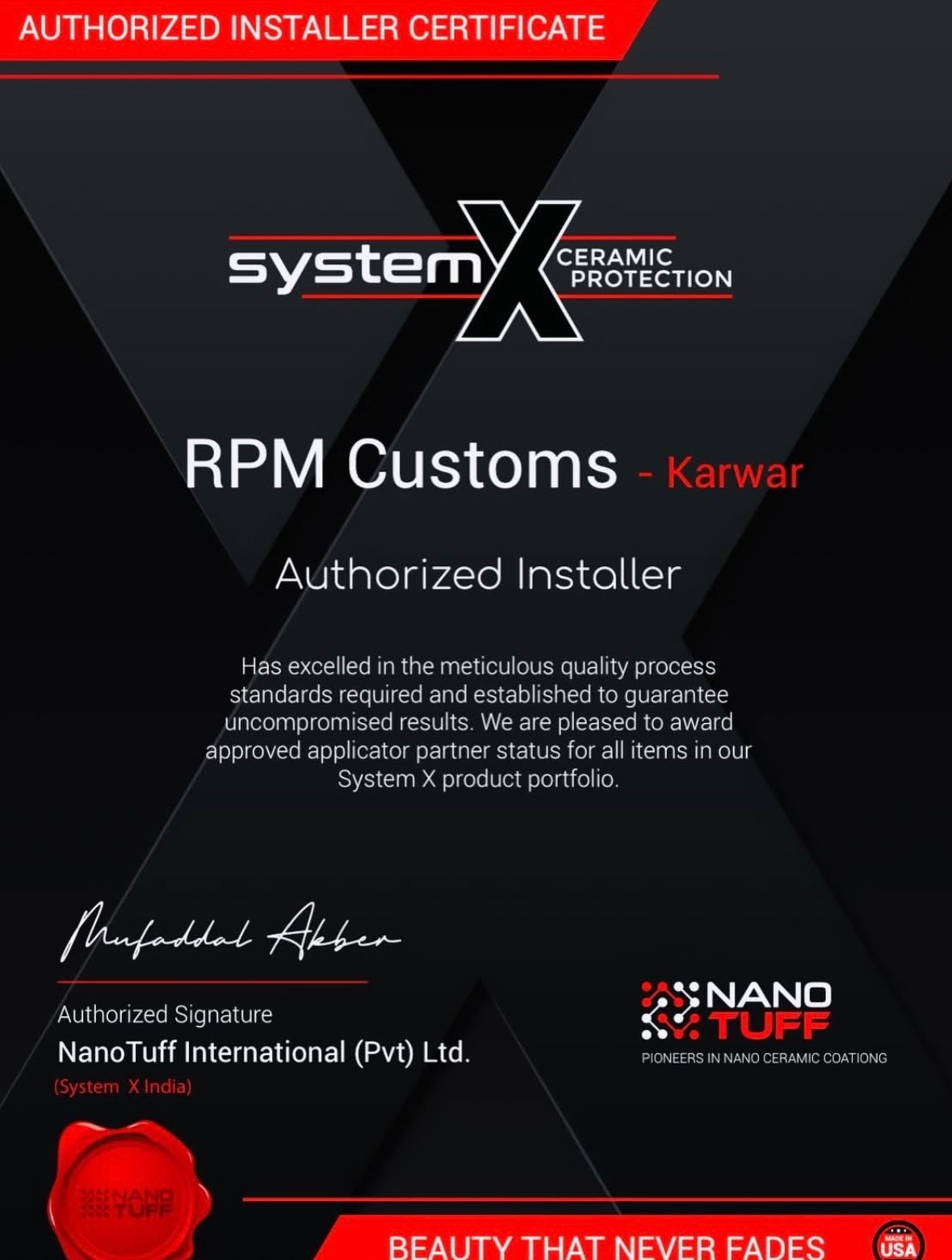 RPM Customs System X Ceramic Coating Certification